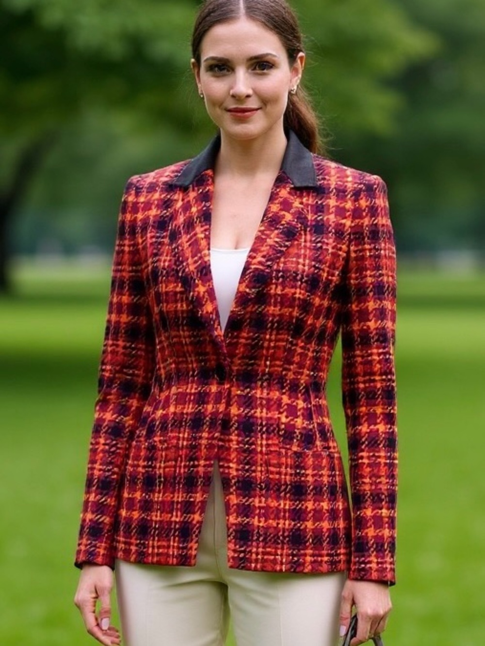 🍂 Vintage Louis Féraud Wool Plaid Blazer | Leather Collar | Made in W. Germany|6